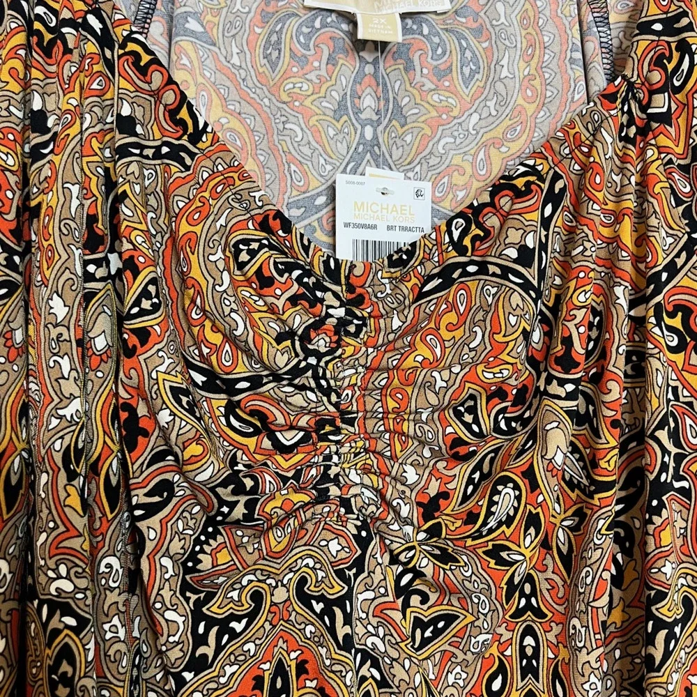 Michael Michael Kors Womens Paisley Ruched Top 2X Orange Black Autumn NEW $88